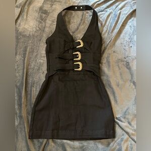 Commense Sporty Black Denim Halter Dress with Buckle Detail